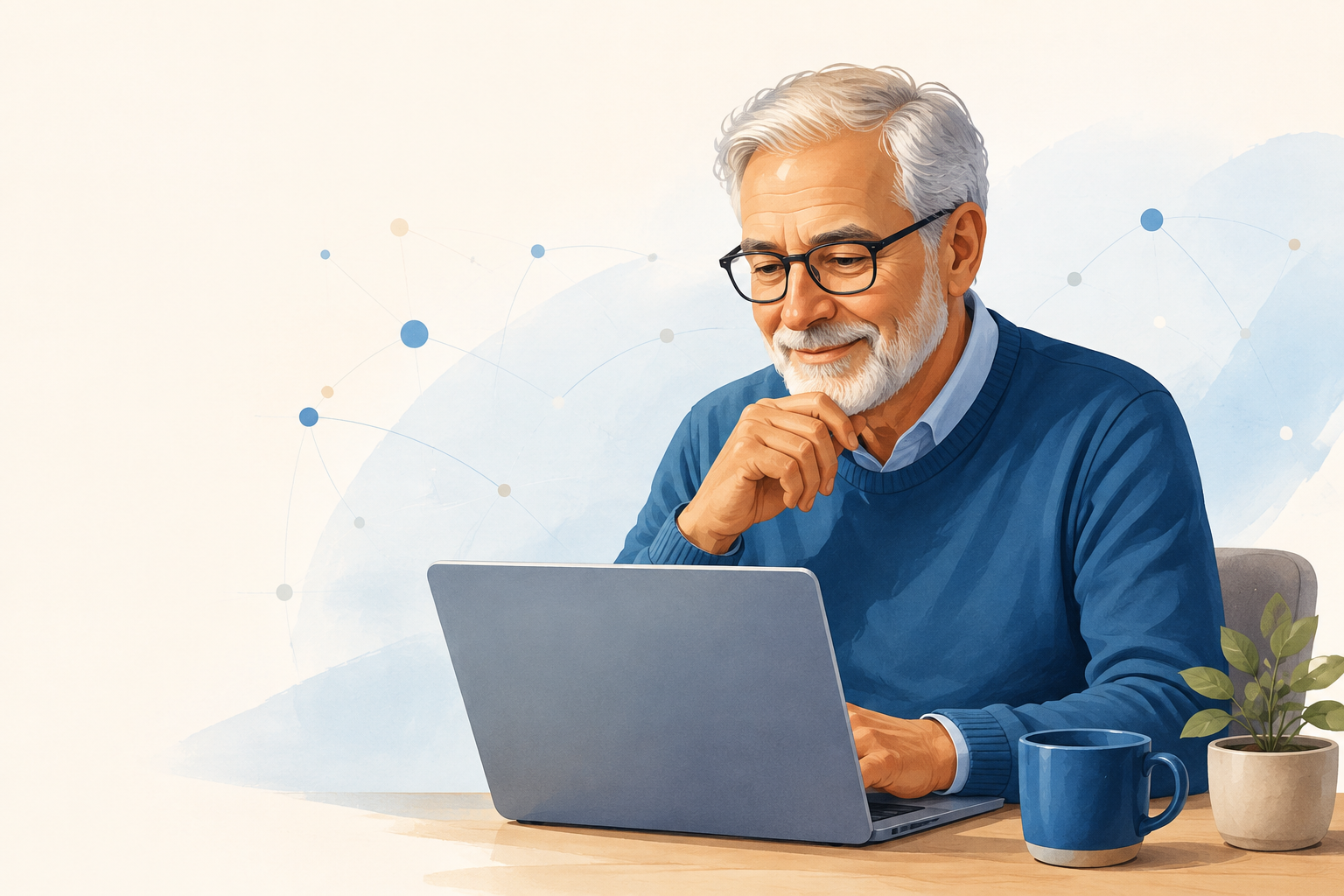 „Illustration eines älteren Einsteigers, der KI am Laptop ausprobiert“