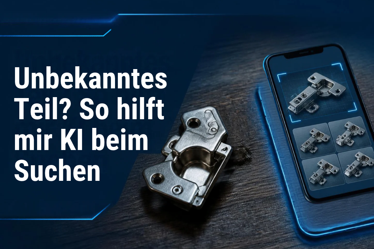 Unbekanntes Teil? So hilft mir KI beim Suchen – ein Möbelbeschlag und ein Smartphone als Symbolbild.