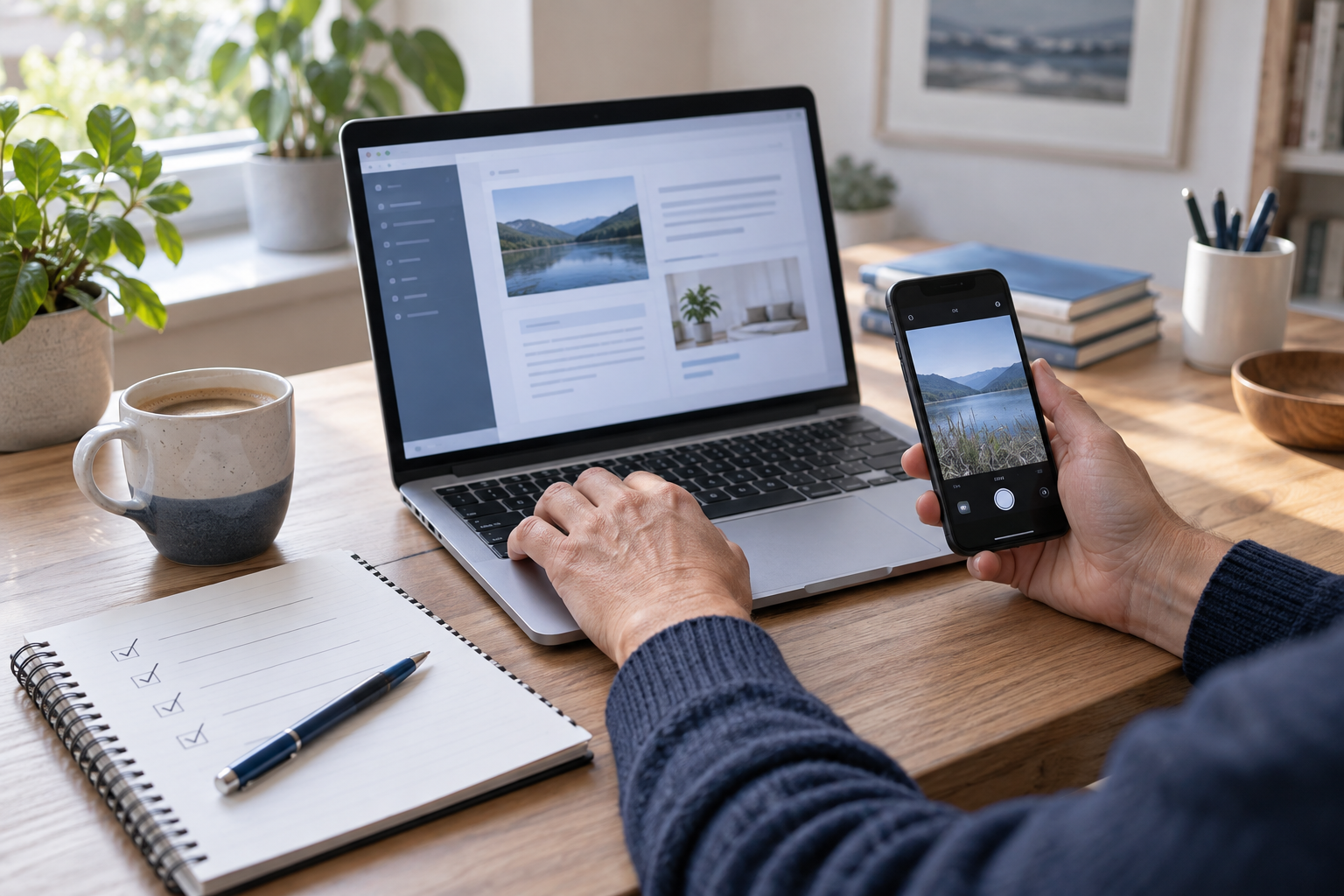 „Hände eines Menschen bei der Arbeit mit Laptop, Smartphone und einer Checkliste“